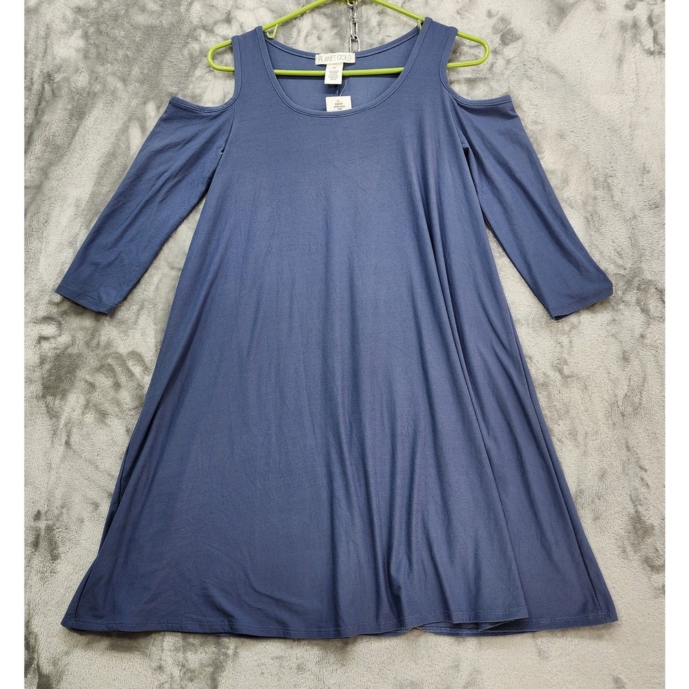 NEW Planet Gold Dress Womens M Blue Cold Shoulder 3/4 Sleeve Pullover A-Line